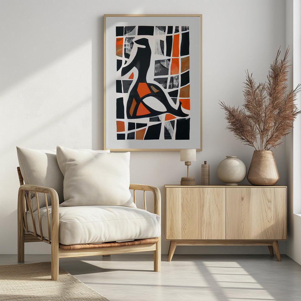 A framed abstract collage featuring a central black stylized figure against a background of a deconstructed grid. The grid's cells are filled with solid black, vibrant orange, shades of brown, and textured grey patches, separated by thick, irregular white lines, creating a stained-glass or mosaic effect. Artwork