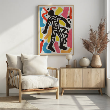 A vibrant abstract artwork featuring a central black silhouette of a person walking, decorated with white maze-like lines. The figure is surrounded by a collage of colorful organic shapes in red, yellow, blue, pink, and orange on a white background, all enclosed in a simple black frame. Artwork
