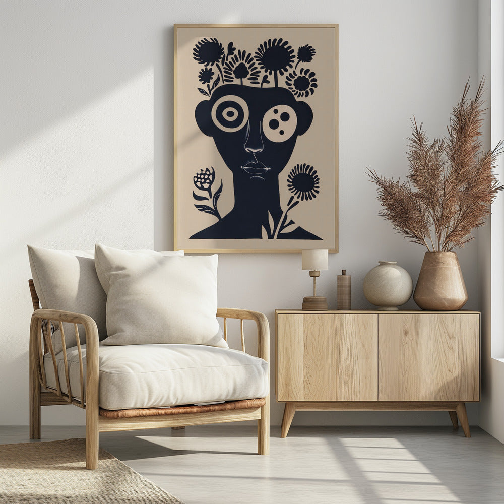 A two-tone abstract portrait of a person's head and shoulders in dark navy blue against a cream background. Stylized flowers and trees grow from the top of the head like hair. The eyes are large and graphic, one a target-like pattern and the other with multiple dots. The piece has a modern, minimalist, and surreal feel. Poster
