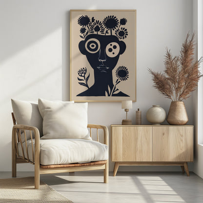 A two-tone abstract portrait of a person's head and shoulders in dark navy blue against a cream background. Stylized flowers and trees grow from the top of the head like hair. The eyes are large and graphic, one a target-like pattern and the other with multiple dots. The piece has a modern, minimalist, and surreal feel. Poster
