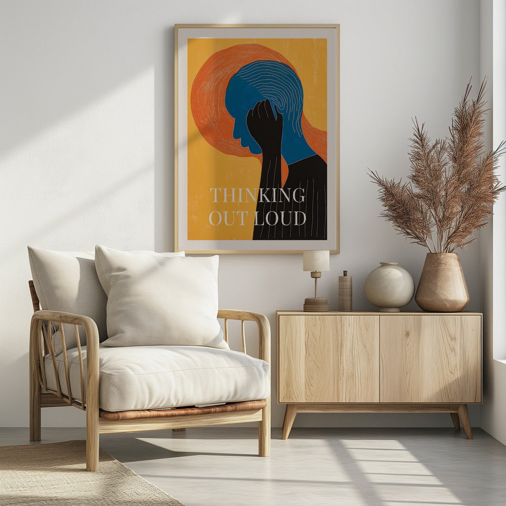 A graphic art poster with a yellow background featuring a person in profile. The person's head is blue with white concentric lines, and a black hand is held to their head. Behind the head is a large orange textured circle. At the bottom, the words 'THINKING OUT LOUD' are printed in white. Print