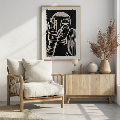 A high-contrast black and white linocut or woodcut print depicting a person from the chest up. The figure holds a hand up to their face, partially obscuring it, with one eye visible. The artwork is characterized by bold, white horizontal and vertical lines carved out of a solid black background. Print