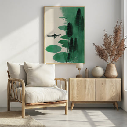 A minimalist, Asian-inspired ink painting depicting a lone figure in a small black boat on a calm, off-white body of water. The right side of the artwork features abstract green shapes, including large lily pad-like forms and tall, dark stylized trees or reeds against a background of vertical green brushstrokes. The scene evokes a sense of tranquility and solitude. Print