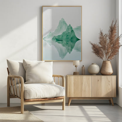 A minimalist digital artwork of a tranquil landscape featuring layered, jade-green mountains reflected in still, glassy water. A small, traditional green boat floats peacefully on the surface, adding to the serene and ethereal atmosphere. Poster