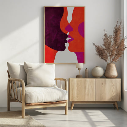 An abstract modern art piece depicting a close-up of two profiles about to kiss. The figures are composed of bold, interlocking shapes in deep purple, vibrant orange, and magenta, with white creating negative space between their lips and bodies. The artwork has a textured finish and is enclosed in a simple black frame. Wall Art