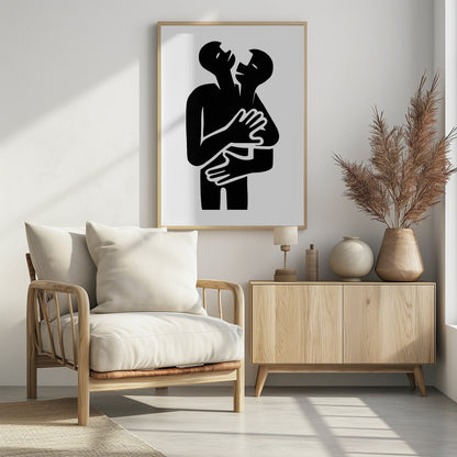 A minimalist black and white graphic art print showing two abstract human figures in a tight embrace. The figures are rendered in a bold, solid black silhouette against a stark white background, creating a high-contrast image. Their arms are wrapped around each other, and their heads are tilted back, suggesting a powerful emotion like passion, comfort, or unity. Decor