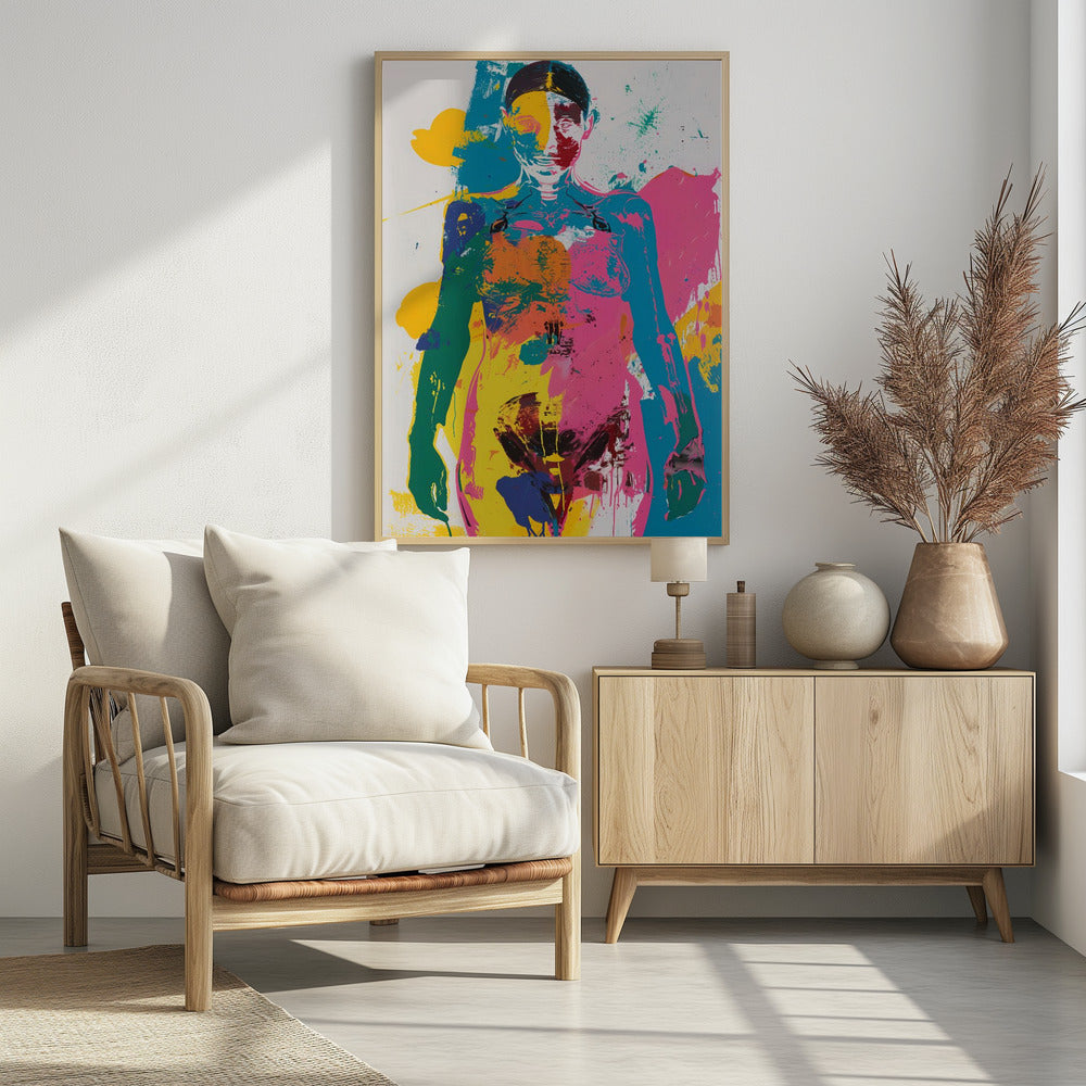 An abstract pop art print of a female figure from the waist up, depicted in vibrant, overlapping blocks of color including pink, yellow, cyan, and green, with skeletal details visible, all set against a white background with paint splatters. Artwork