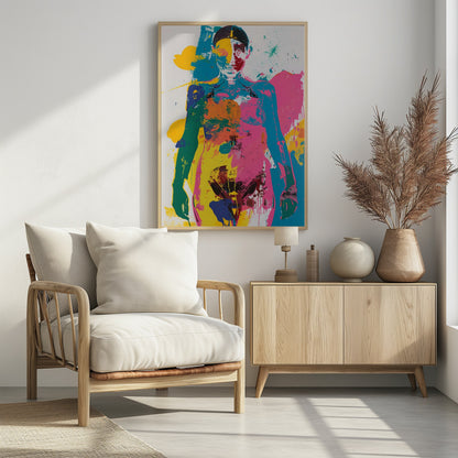 An abstract pop art print of a female figure from the waist up, depicted in vibrant, overlapping blocks of color including pink, yellow, cyan, and green, with skeletal details visible, all set against a white background with paint splatters. Artwork