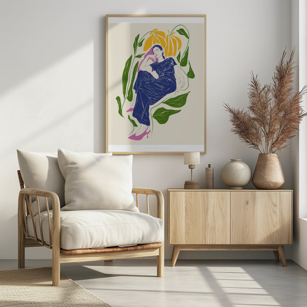 A stylized illustration of a woman in a dark blue outfit and pink heels, resting peacefully with her eyes closed amidst large green leaves and yellow flowers against a cream background. Decor