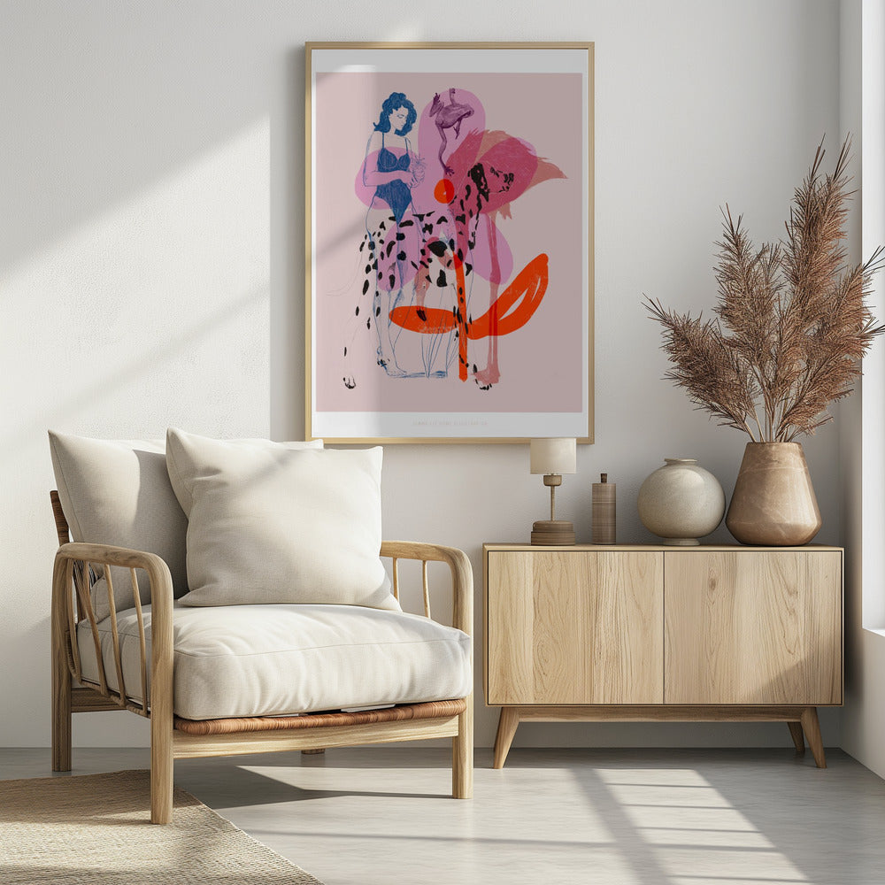 A modern, stylized illustration on a light pink background featuring a woman in a blue swimsuit holding a small potted plant. The scene includes several overlapping, semi-transparent animals: a dalmatian, a large pink flamingo, and a leaping frog. Bold orange and pink abstract shapes add to the layered composition. Poster
