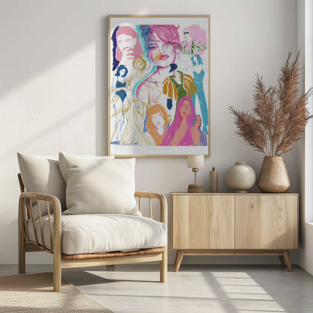 A framed art print featuring a vibrant, sketchy collage of numerous women. The central focus is a large portrait with a pink and cyan 3D effect. Surrounding it are smaller illustrations of women in various fashionable poses and outfits, rendered in a dynamic mix of pink, blue, orange, and yellow on a white background. Poster