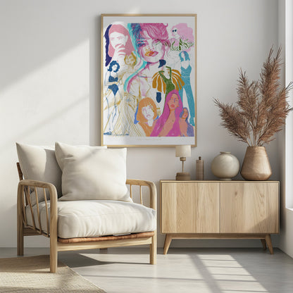 A framed art print featuring a vibrant, sketchy collage of numerous women. The central focus is a large portrait with a pink and cyan 3D effect. Surrounding it are smaller illustrations of women in various fashionable poses and outfits, rendered in a dynamic mix of pink, blue, orange, and yellow on a white background. Poster