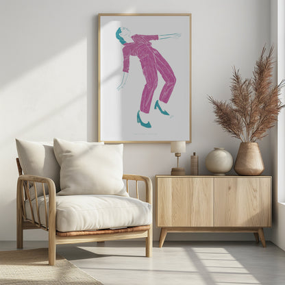 A stylized, two-color illustration of a person dancing, captured in a black frame. The figure, rendered in textured fuchsia, wears a jumpsuit and leans back dramatically. Their hair, shoes, and arm outlines are highlighted in a contrasting teal against a stark white background. Print