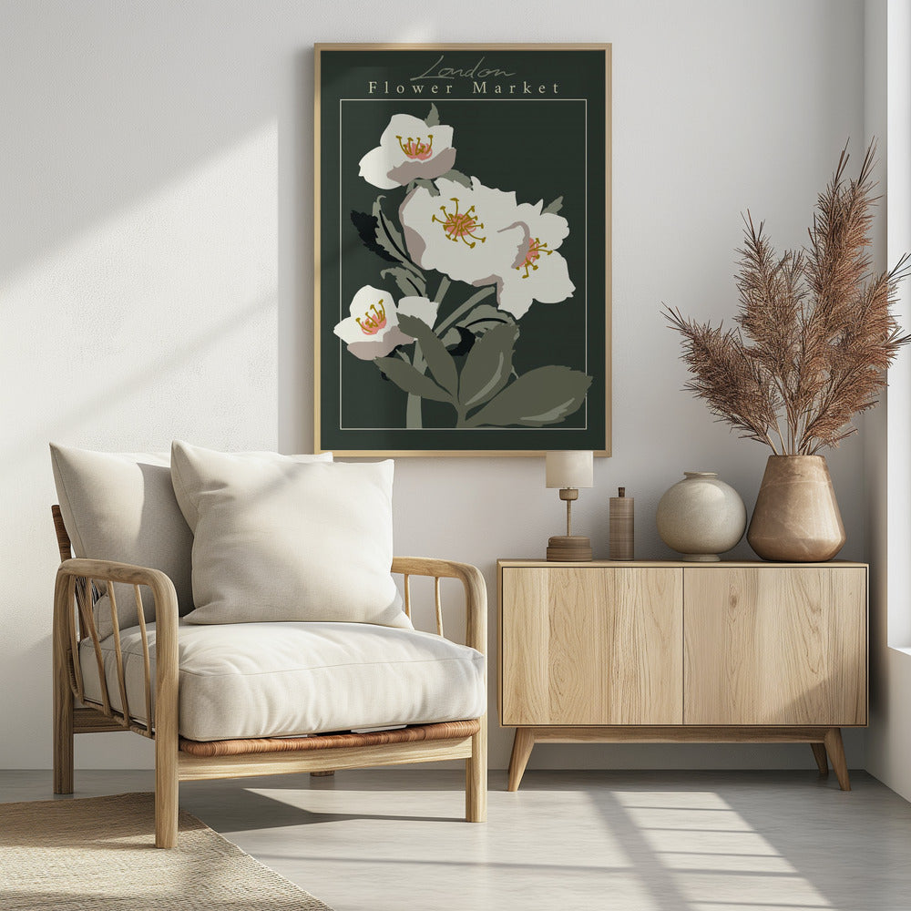 A vintage-style art print of the 'London Flower Market', featuring stylized white hellebore flowers with pink and gold centers on green stems, set against a dark, moody green background. The image is framed with a thin white line and a larger black border. Artwork