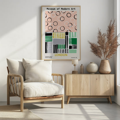 A retro-style exhibition poster for the Museum of Modern Art in London. The top half features scattered black and white circles on a pale pink background. The bottom half is an abstract geometric collage of shapes and patterns in green, yellow, black, and grey. Text at the bottom reads 'Exhibition #017 Interior design', 'LONDON', and 'Summer '69'. Print