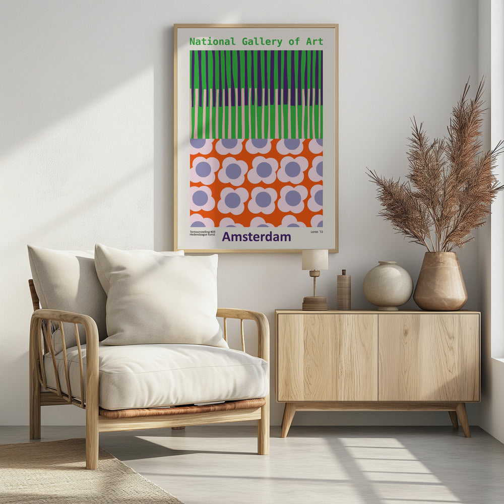A retro-style framed poster for a 'National Gallery of Art' exhibition in 'Amsterdam'. The artwork is divided into two sections: the top half has vertical stripes in green, purple, and light pink, while the bottom half features a repeating pattern of stylized flowers with pink petals and periwinkle centers on a bright orange background. Artwork
