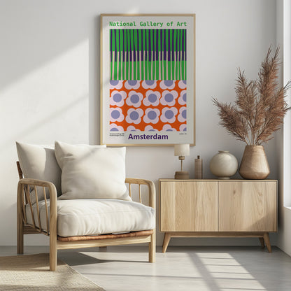 A retro-style framed poster for a 'National Gallery of Art' exhibition in 'Amsterdam'. The artwork is divided into two sections: the top half has vertical stripes in green, purple, and light pink, while the bottom half features a repeating pattern of stylized flowers with pink petals and periwinkle centers on a bright orange background. Artwork
