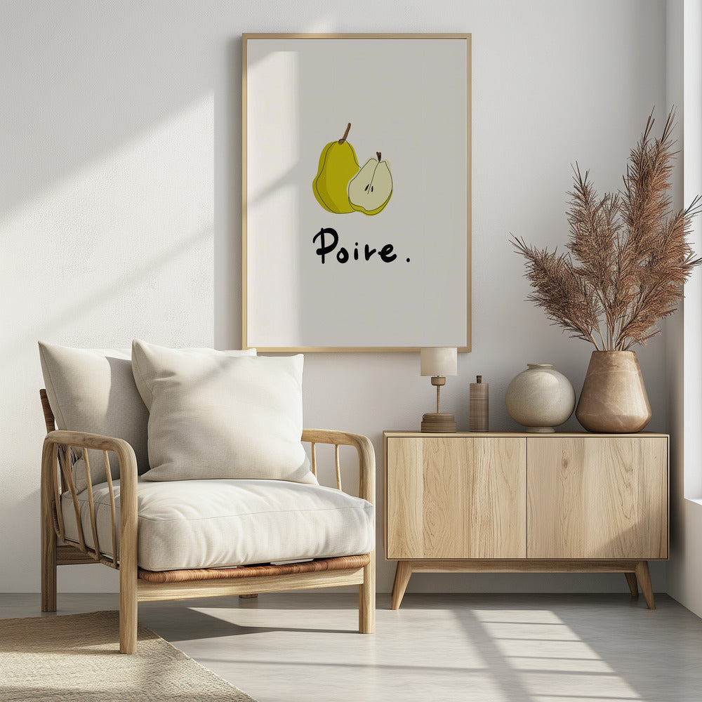 A framed art print featuring a minimalist illustration of a whole yellow pear and a half pear against a cream-colored background. Below the fruit, the French word for pear, 'Poire.', is written in a black cursive font. Decor
