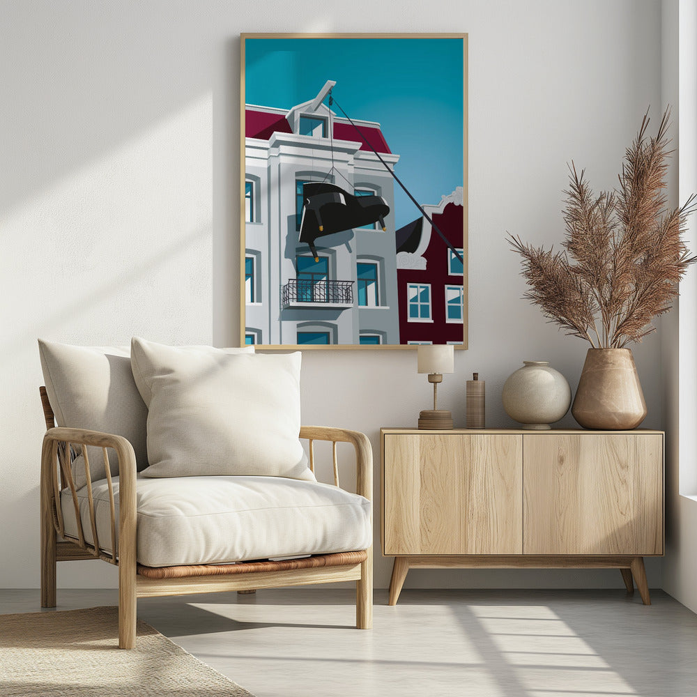 A graphic illustration of a black grand piano being hoisted up the side of a gray Amsterdam-style building with a red roof, using a pulley system attached to the gable. The scene is set against a clear, bright blue sky. Artwork