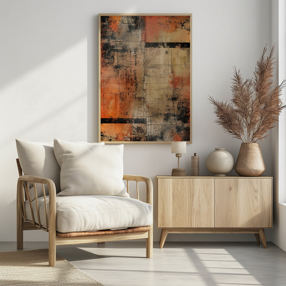 An abstract painting with a heavily textured and cracked surface, dominated by shades of orange, beige, and black. The composition resembles weathered blocks or tiles, with bold black horizontal bands and splatters of black and white paint, all within a thin black frame. Artwork