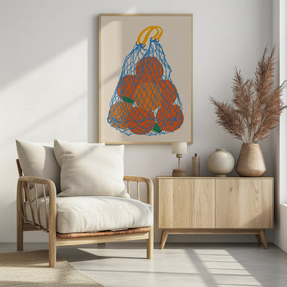 A minimalist illustration of a blue mesh string bag with yellow handles, filled with large, bright orange oranges against a light beige background. Wall Art