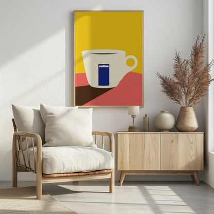 A minimalist pop art illustration of a white coffee cup with a blue TARDIS from Doctor Who on its side, set against a bright yellow background and a pink tabletop. Decor