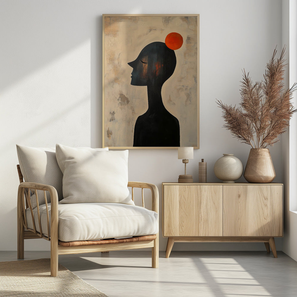 An abstract painting of a black silhouette of a person in profile, with their eyes closed. A vibrant orange-red circle is balanced on the top of their head. The background is a textured, distressed beige and off-white. The entire piece is enclosed in a simple black frame. Print