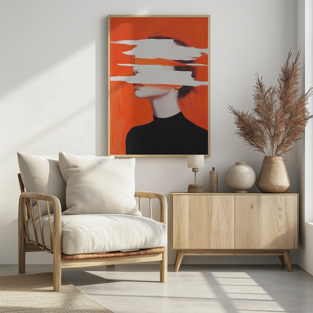Abstract portrait of a woman in a black turtleneck against a vibrant orange background. Her face is obscured by thick, horizontal white brushstrokes, revealing only parts of her nose and lips. Artwork