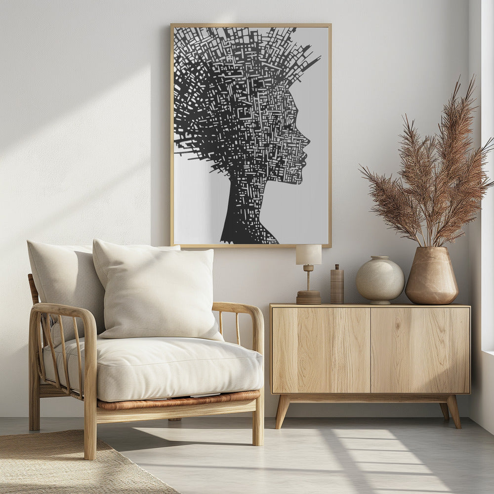 A black and white abstract artwork featuring the silhouette of a woman in profile against a white background. The silhouette is filled with an intricate, maze-like pattern of white lines and shapes, resembling a circuit board or an aerial city map. The entire piece is encased in a simple black frame. Print