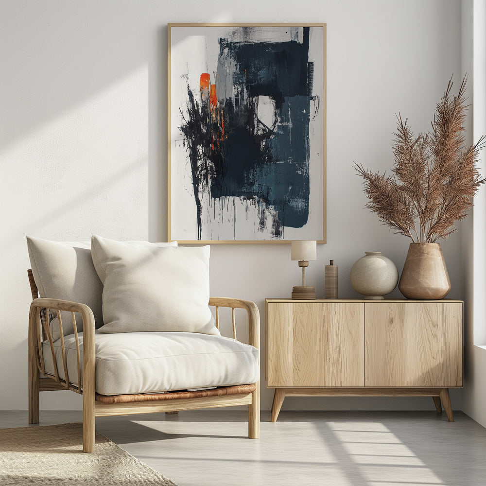 An expressive abstract painting in a black frame, featuring a large, dark, textured block of black and grey paint on a white canvas. Splashes of bright orange provide a striking contrast on the left, while black paint drips down the canvas, creating a sense of raw energy. Poster