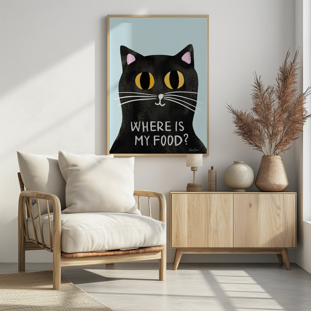 A humorous art print of a black cat with large, expressive yellow eyes looking forward against a light blue background. Below the cat's face, the phrase 'WHERE IS MY FOOD?' is written in a white, uppercase, handwritten-style font. Wall Art