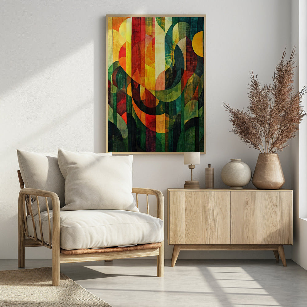 A vibrant abstract artwork with a wood grain texture, featuring vertical stripes overlaid with curved and circular shapes. The color palette shifts from warm reds and yellows on the left to cool, deep greens on the right, all enclosed in a thin black frame. Artwork