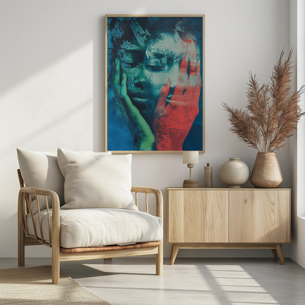An abstract, heavily textured portrait of a person holding their face in their hands. The artwork uses a dramatic color palette of deep blues, teals, and black, with one hand rendered in a striking red and the other in a greenish hue, creating a fragmented and emotional visual. Poster