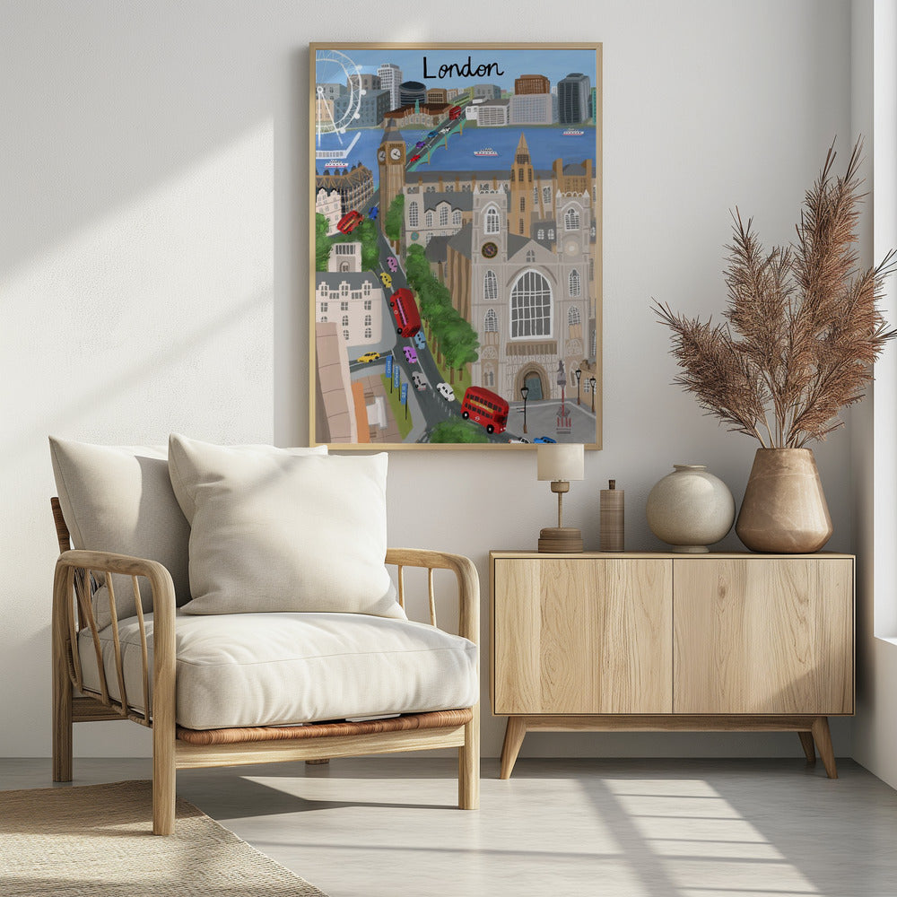 A stylized travel poster illustration of London, featuring iconic landmarks like Big Ben, Westminster Abbey, and the London Eye. The scene is bustling with red double-decker buses and colorful cars crossing a bridge over the River Thames, with the city skyline in the background and the word 'London' written at the top. Print