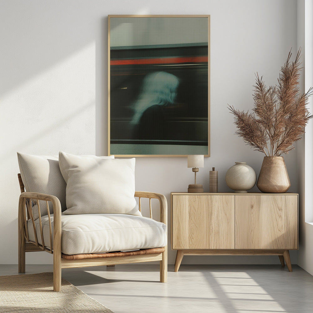 An abstract photograph with motion blur, featuring the ghostly silhouette of a person's head and shoulders in pale blue. The dark background is streaked with horizontal lines of red and white light, suggesting the speed of a passing train or subway. Wall Art