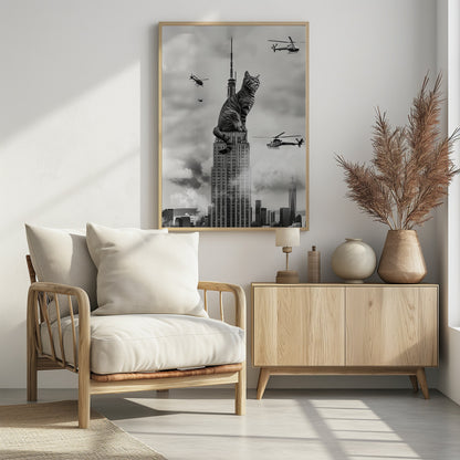 A surreal black and white image depicting a giant tabby cat sitting on top of the Empire State Building, similar to King Kong. Helicopters fly around the colossal cat against a cloudy New York City skyline. Decor