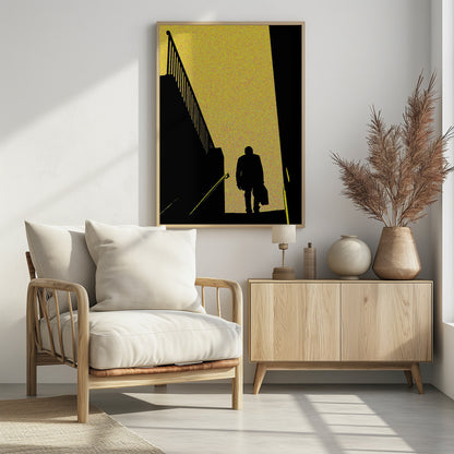 A high-contrast graphic poster featuring the black silhouette of a man walking down a flight of stairs. He is moving from a bright, speckled yellow background into a dark foreground. To the left is the stark silhouette of another staircase and railing, creating a dramatic, mysterious, film noir-style scene. Print