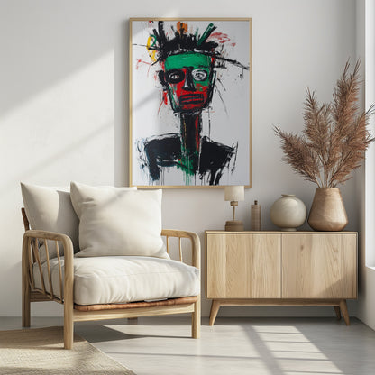 An abstract neo-expressionist portrait of a figure with a green and red face, wide, frantic eyes, and spiky black hair against a stark white background, painted with raw, energetic brushstrokes. Artwork
