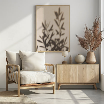 A framed photograph featuring the soft, out-of-focus shadow of a leafy plant projected onto a warm, beige-colored wall. The image has a minimalist and tranquil aesthetic, focusing on the interplay of light and shadow. Wall Art