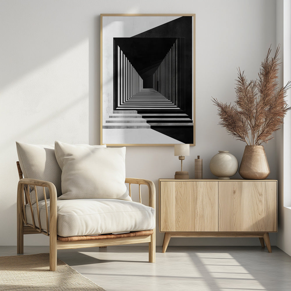 A stark black and white architectural illustration of a seemingly infinite corridor. Strong perspective lines are created by alternating black and white stripes on the walls and floor, creating a powerful optical illusion. Concrete steps lead into the scene from the foreground, and a faint, solitary figure stands in the distant shadows. Wall Art
