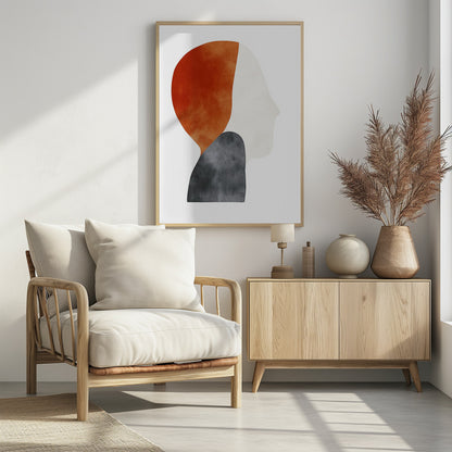A minimalist abstract painting of a human silhouette in profile, framed in black. The artwork uses three overlapping organic shapes with a watercolor texture: a burnt orange shape for the back of the head, a dark grey shape for the shoulders, and an off-white shape for the face, all on a white background. Artwork