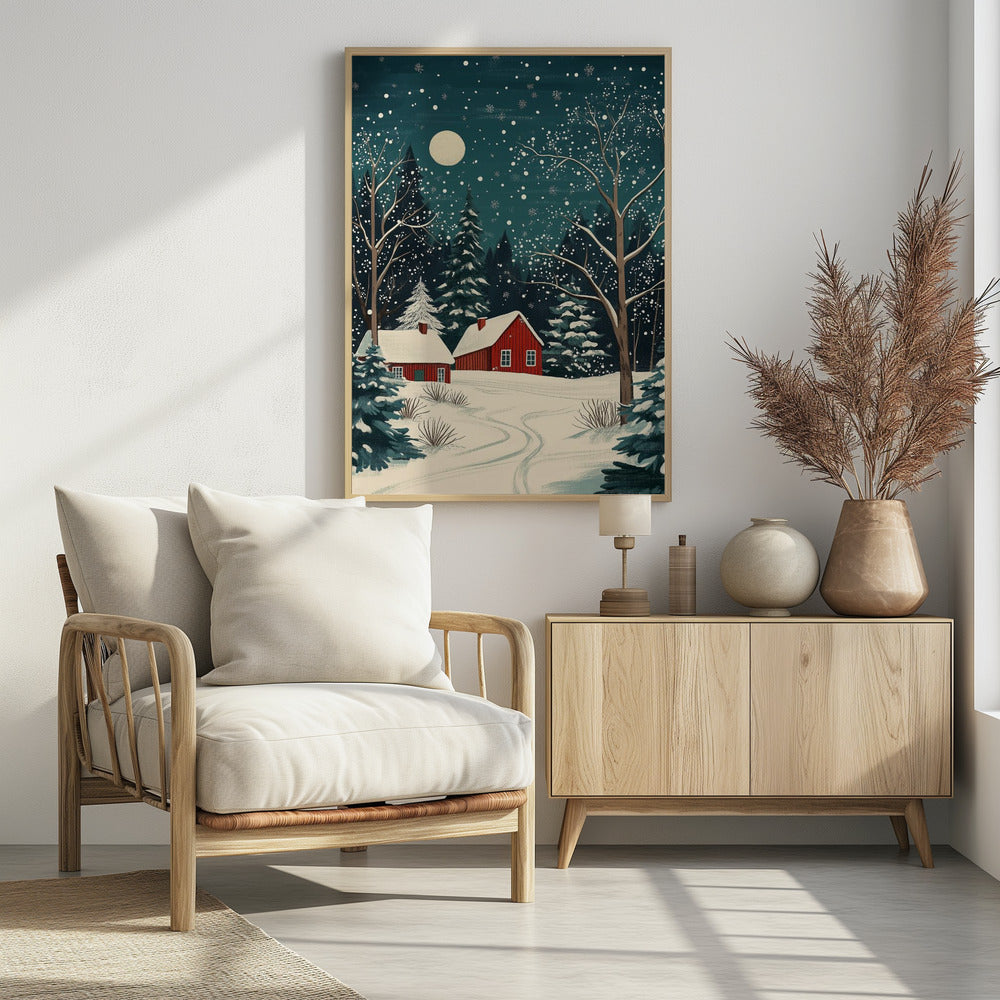 A stylized art print of a serene winter night scene, featuring two red cabins with snow-covered roofs nestled in a dark evergreen forest. A large, pale moon hangs in the dark teal sky as snowflakes fall, blanketing the landscape and bare trees in white. Decor