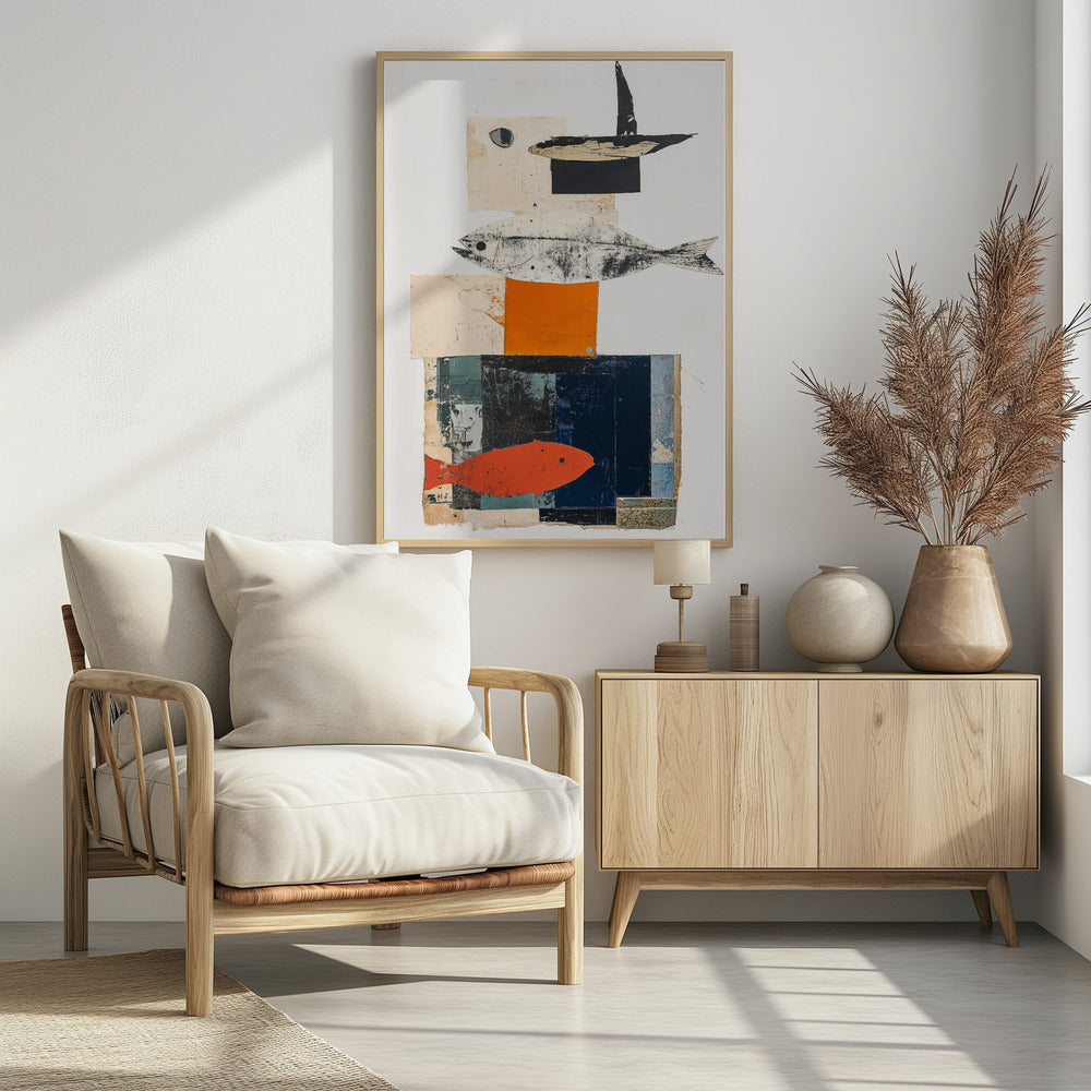 A vertical abstract collage in a black frame, featuring layered geometric shapes in white, beige, orange, and dark blue. The composition includes three fish illustrations: a black and white fish in the middle, a bright orange-red fish at the bottom, and a black abstract shape resembling a boat or bird at the top. Artwork