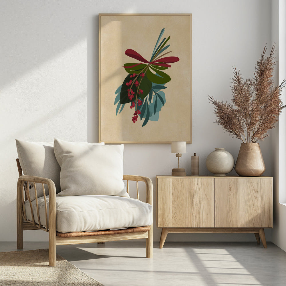A framed illustration of a festive botanical sprig against a textured beige background. The sprig features green and teal leaves, dangling clusters of red berries, and is tied together with a red ribbon. Decor