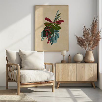 A framed illustration of a festive botanical sprig against a textured beige background. The sprig features green and teal leaves, dangling clusters of red berries, and is tied together with a red ribbon. Decor