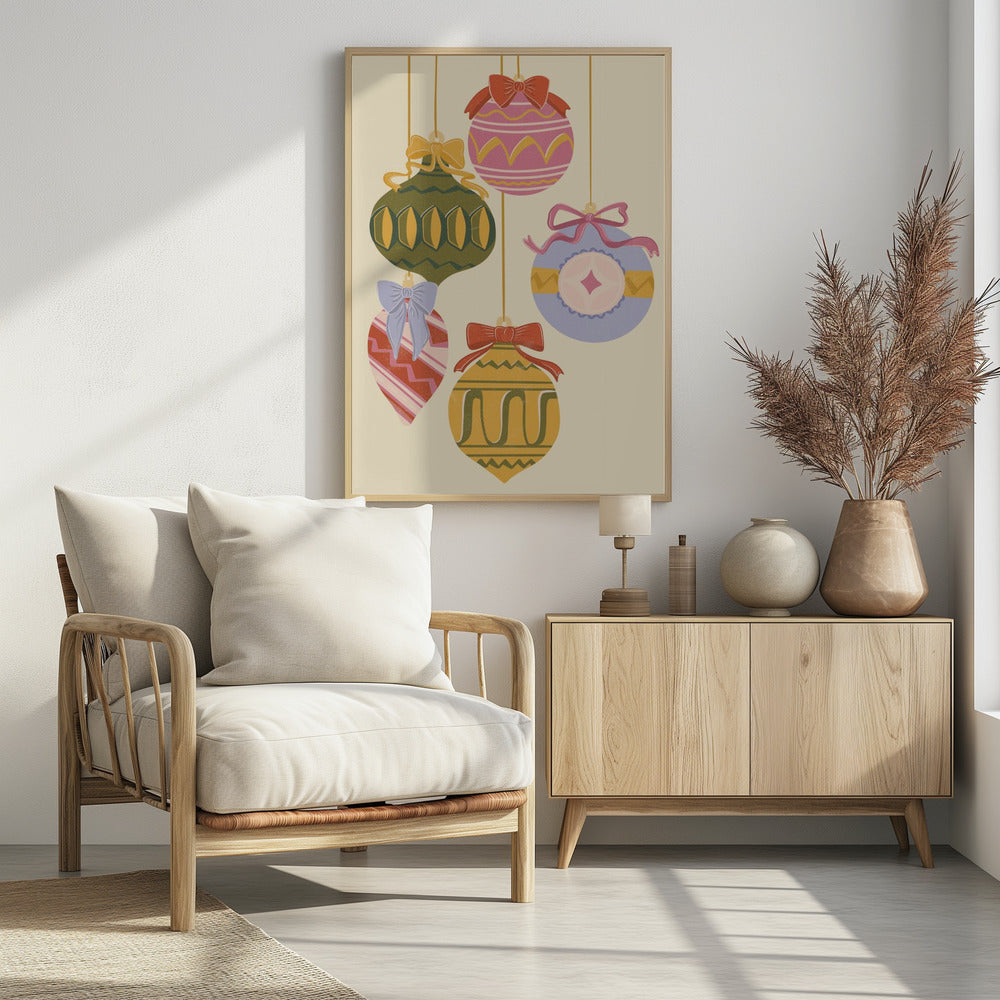 A vintage-style illustration of five colorful Christmas ornaments hanging against a cream background. Each uniquely shaped and patterned ornament is topped with a decorative bow, featuring a muted color palette of pink, green, yellow, red, and blue. Wall Art
