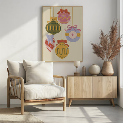 A vintage-style illustration of five colorful Christmas ornaments hanging against a cream background. Each uniquely shaped and patterned ornament is topped with a decorative bow, featuring a muted color palette of pink, green, yellow, red, and blue. Wall Art