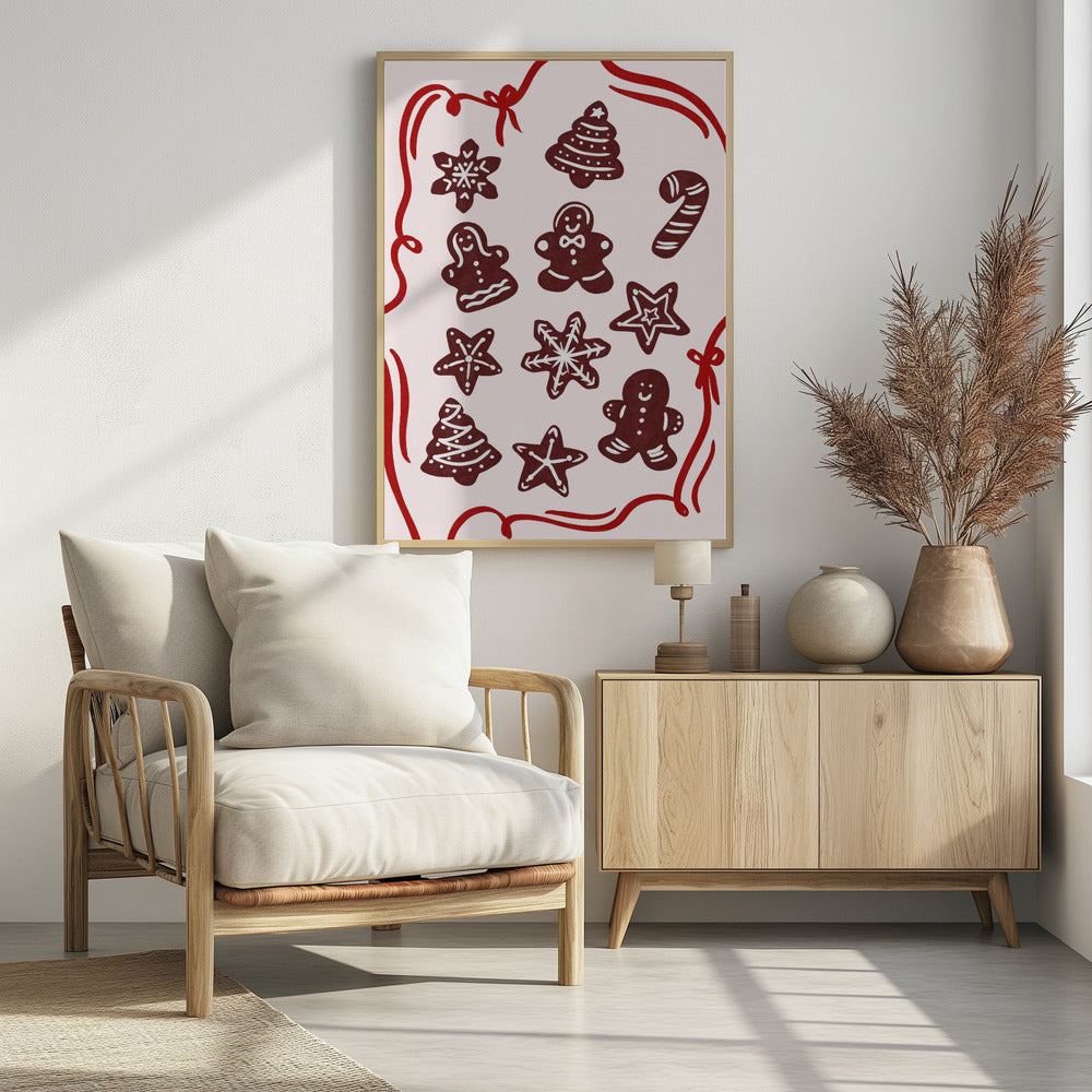 An illustration of various gingerbread Christmas cookies, including gingerbread men, trees, stars, and a candy cane, decorated with white icing. The cookies are on a light pink background and framed by a red ribbon border. Wall Art