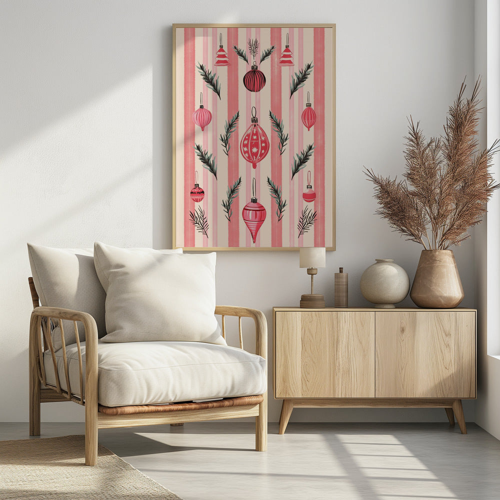 A framed art print with a festive pattern of various red and pink Christmas ornaments and pine sprigs. The background features vertical stripes in shades of pink and off-white, creating a cheerful, retro holiday aesthetic. Poster
