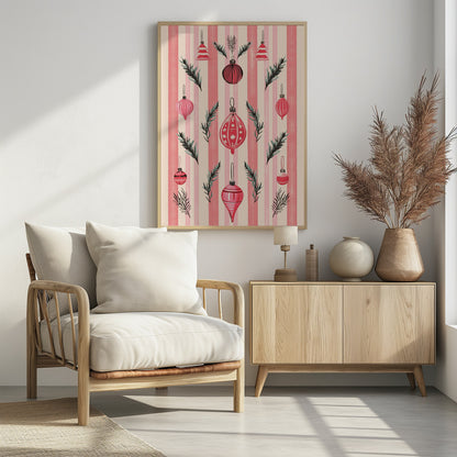 A framed art print with a festive pattern of various red and pink Christmas ornaments and pine sprigs. The background features vertical stripes in shades of pink and off-white, creating a cheerful, retro holiday aesthetic. Poster